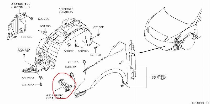 Кронштейн крыла NISSAN TEANA J32 VQ25DE 2008 перед. прав. (б/у)